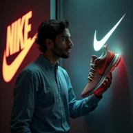 عکس یک مرد درحال نگه داشتن یک کفش نایکی در حال ایستادن جلوی لوگوی سفید نایکی - گروه معدنچی